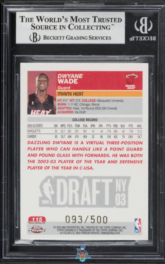 Back of 2003 Topps Chrome Black Refractor Dwyane Wade #115 /500