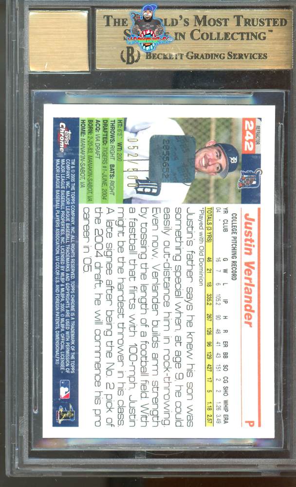 Back of 2005 Topps Chrome Autograph Refractor Justin Verlander #242 /500
