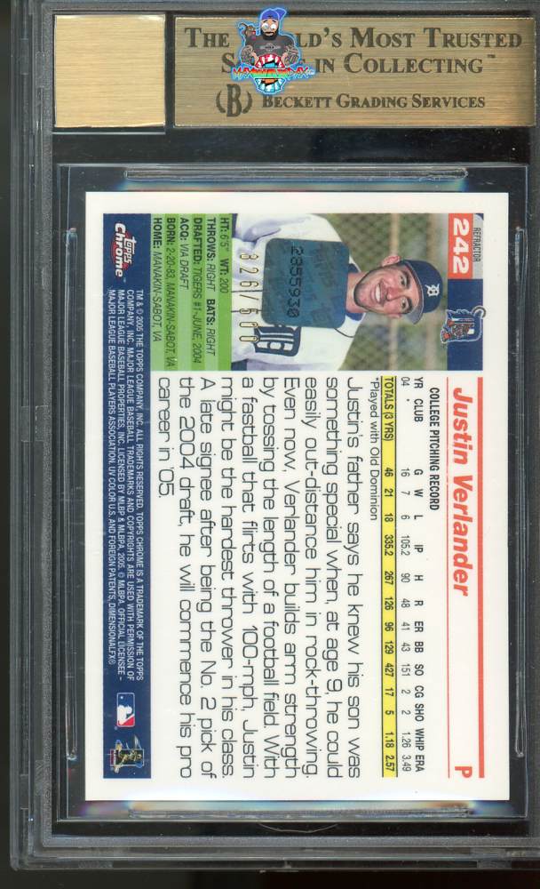 Back of 2005 Topps Chrome Autograph Refractor Justin Verlander #242 /500