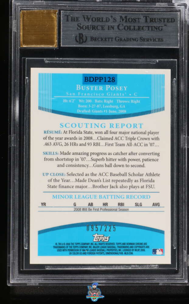 Back of 2008 Bowman Draft Picks Chrome Prospect Autograph X-Fractor Buster Posey #BDPP128 /225