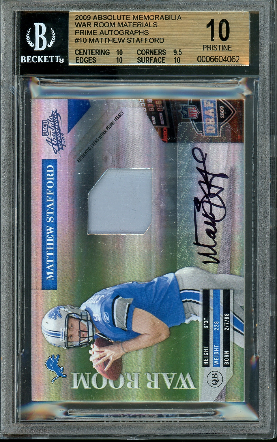 2009 Panini Absolute Memorabilia War Room Material Autograph Prime Matthew Stafford #10 /10