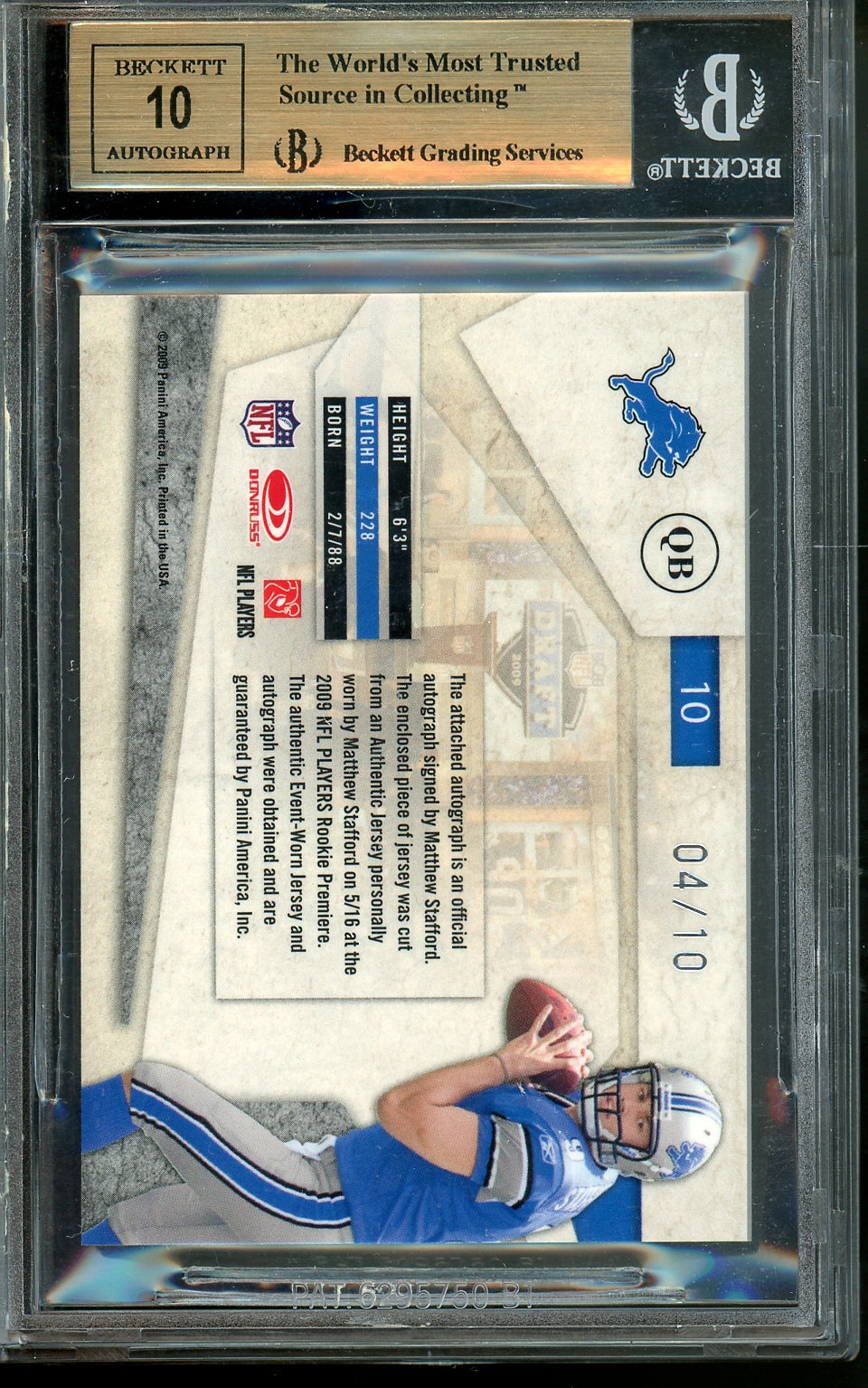 Back of 2009 Panini Absolute Memorabilia War Room Material Autograph Prime Matthew Stafford #10 /10