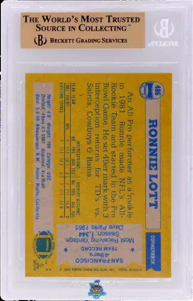 Back of 1982 Topps All Pro Ronnie Lott #486