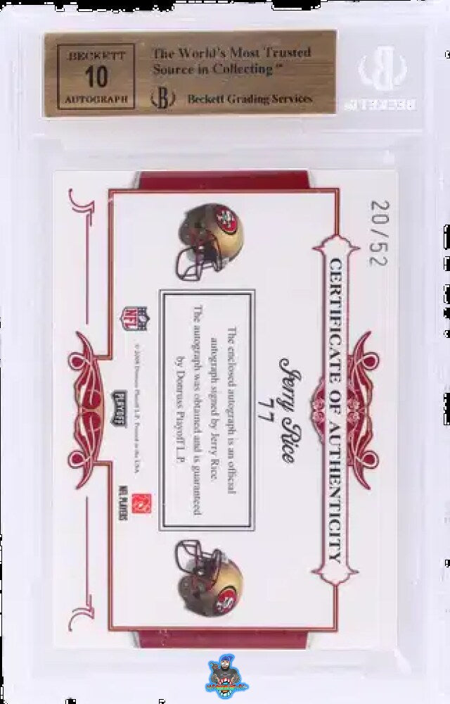 Back of 2008 Playoff National Treasures Signature Patches NFL Jerry Rice #77 /52