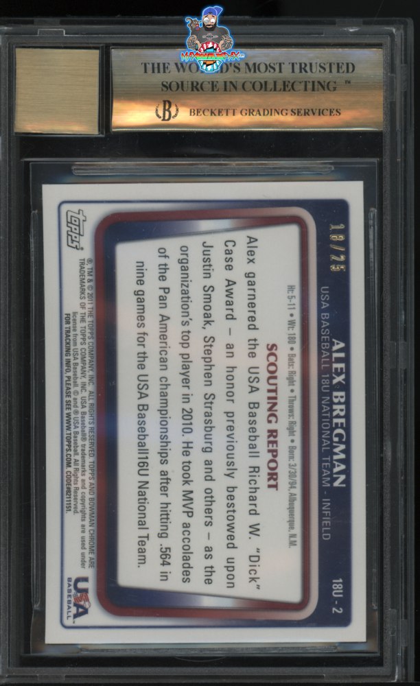 Back of 2011 Bowman Chrome 18u USA National Team Autograph Orange Refractor Alex Bregman #18U2 /25