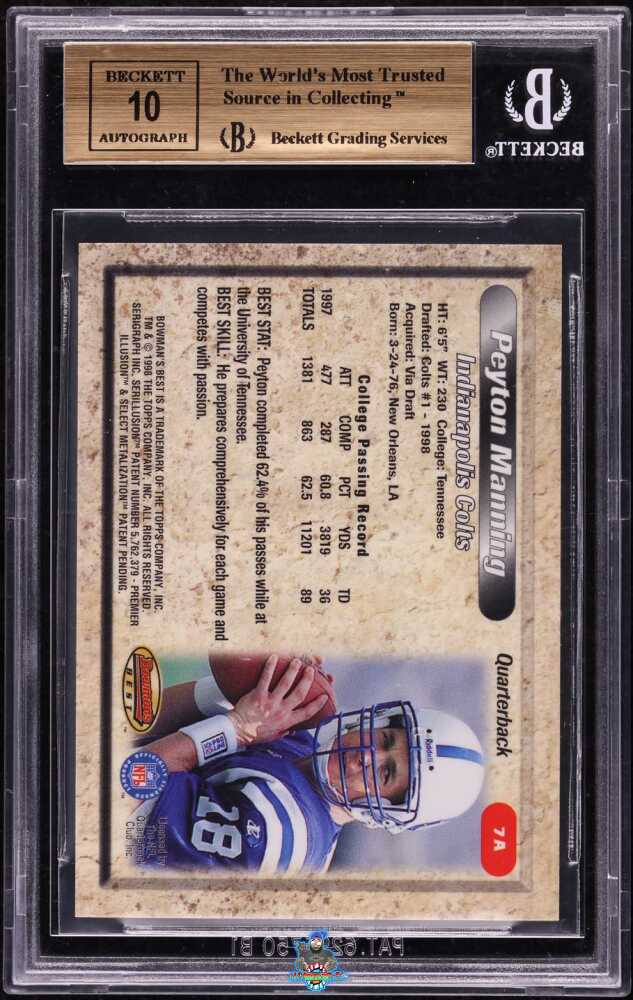 Back of 1998 Bowman's Best Autograph Peyton Manning #7A