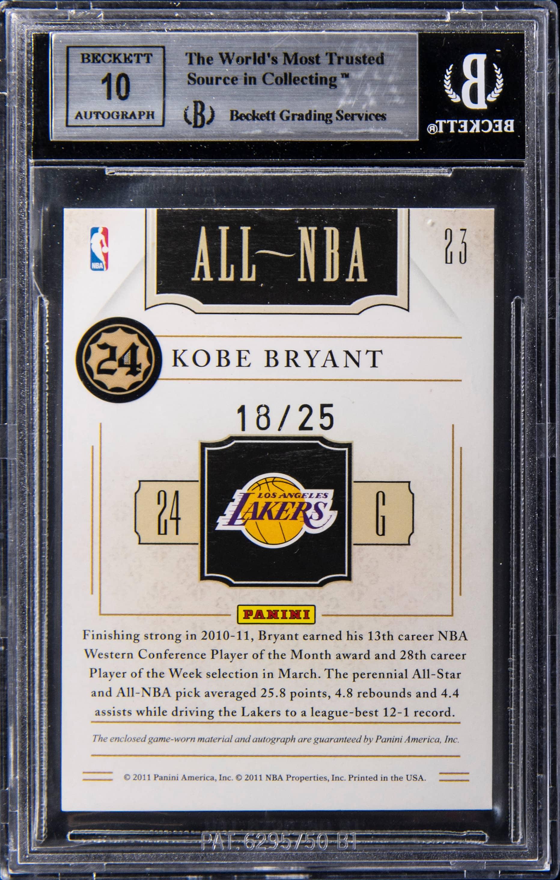 Back of 2010 Playoff National Treasures All NBA Signature Material Kobe Bryant #23 /25