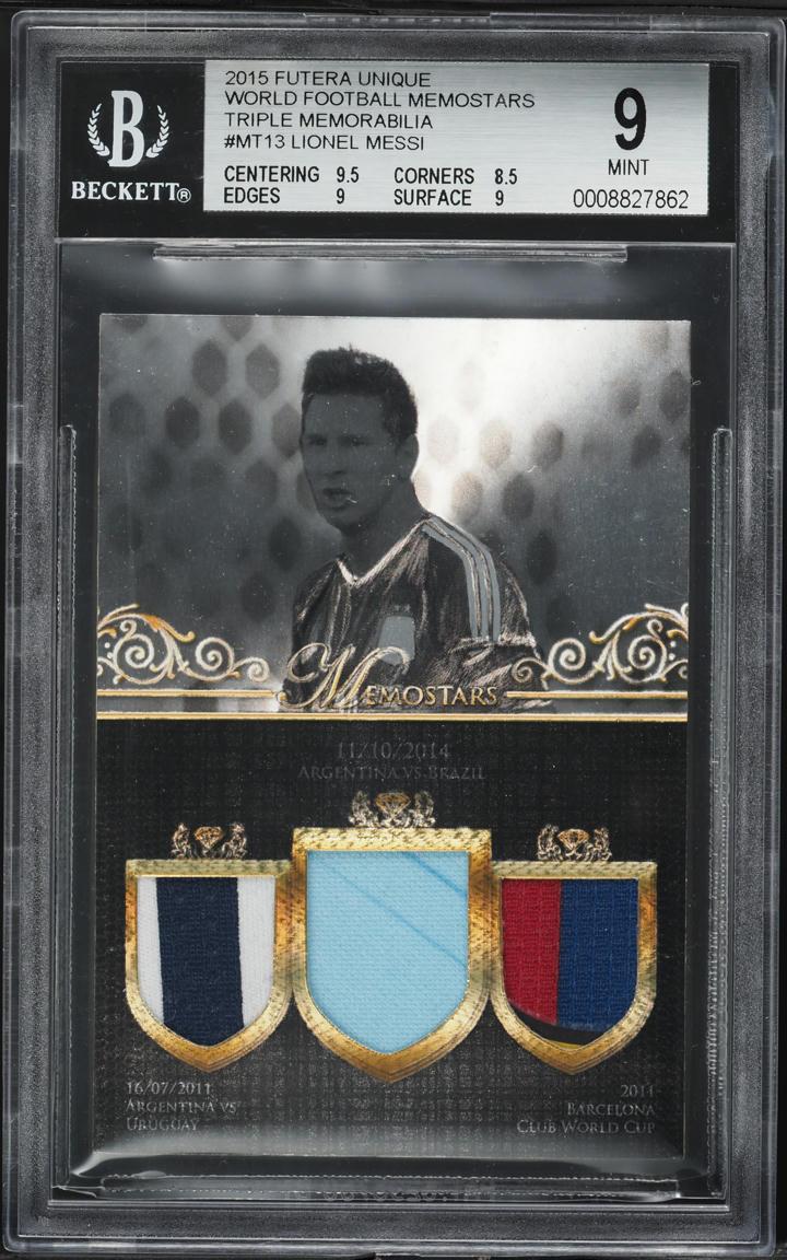 2015 Futera World Football Unique Lionel Messi Memostars Triple Memorabilia