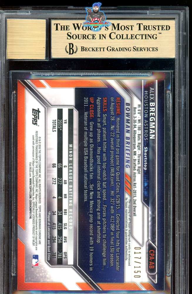 Back of 2016 Bowman Chrome Prospect Autograph Blue Refractor Alex Bregman #CPAAB