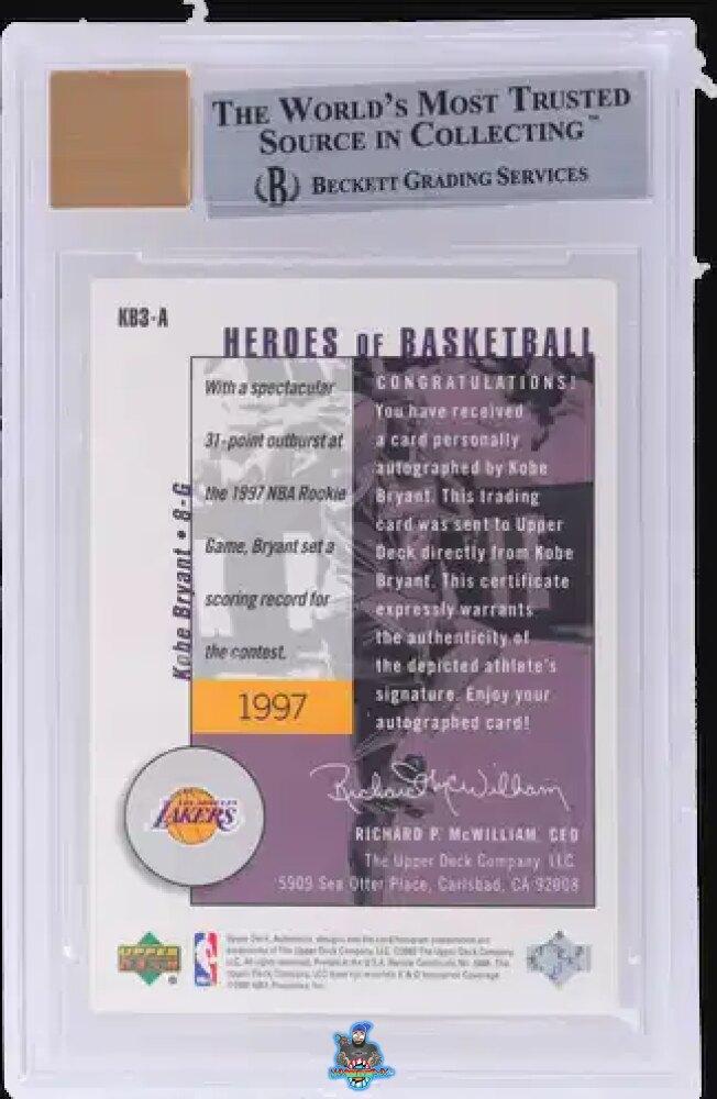 Back of 2002 Upper Deck Authentics Heroes of Basketball Autograph Kobe Bryant #KB3A /8