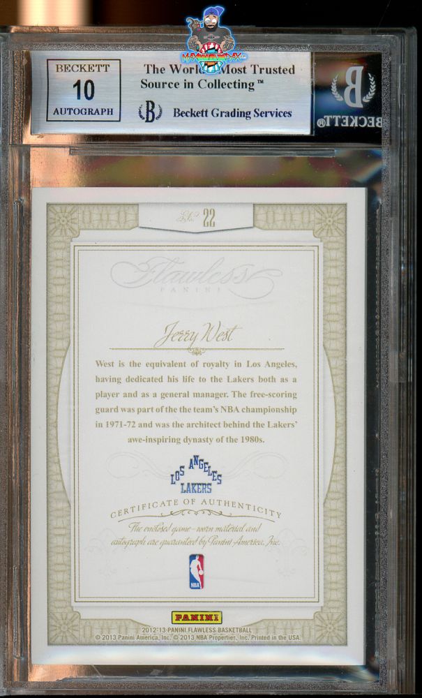 Back of 2012 Panini Flawless Greats Patch Autograph Ruby Jerry West #22 /15