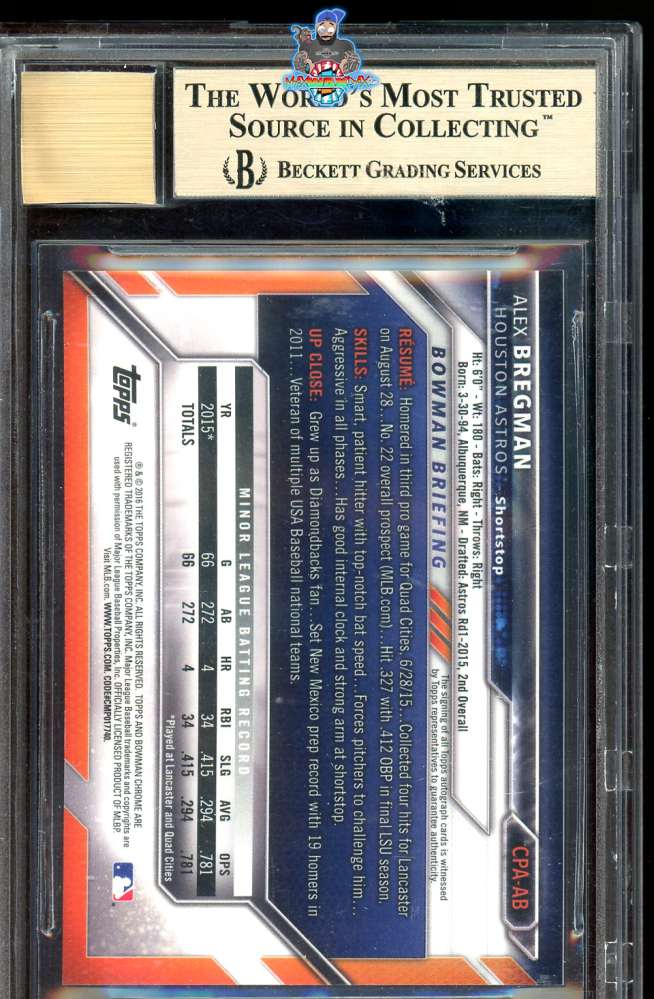 Back of 2016 Bowman Chrome Prospect Autograph Alex Bregman #CPAAB
