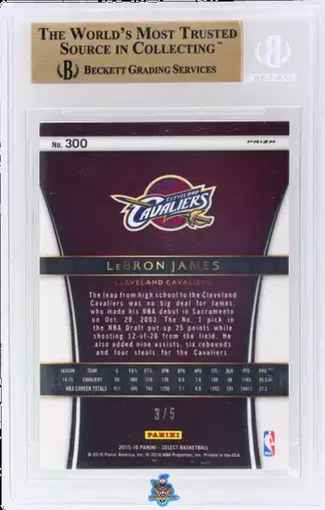 Back of 2015 Panini Select Courtside Green Prizm LeBron James #300 /5