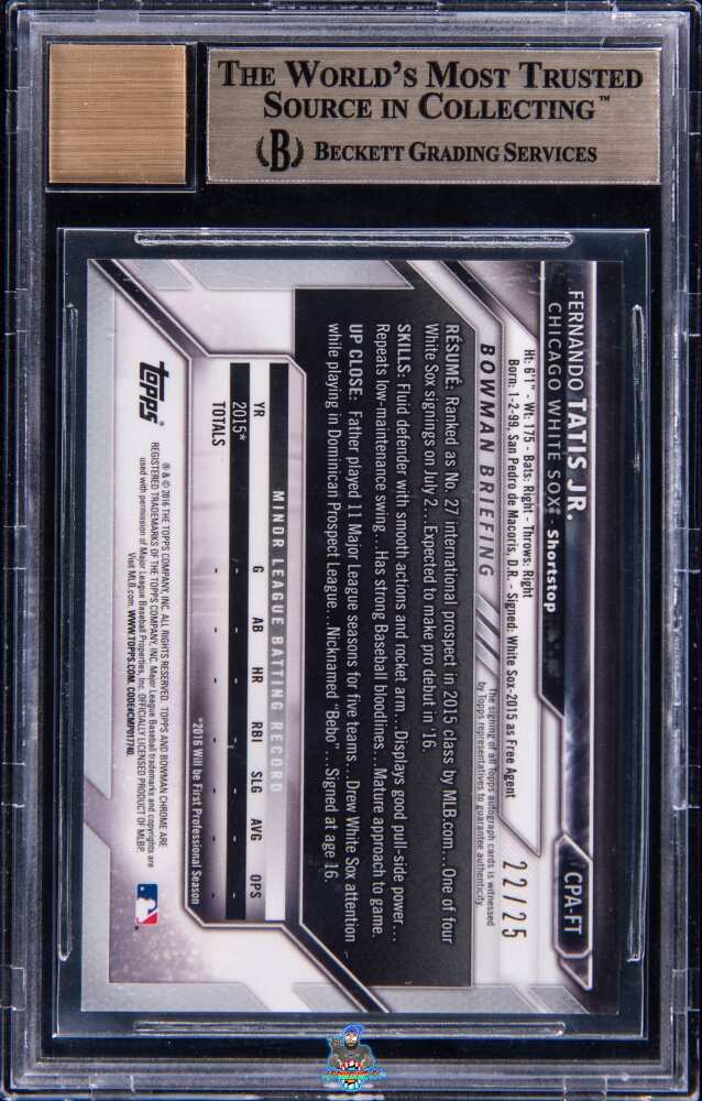 Back of 2016 Bowman Chrome Prospect Autograph Orange Refractor Fernando Tatis Jr. #CPAFT /25