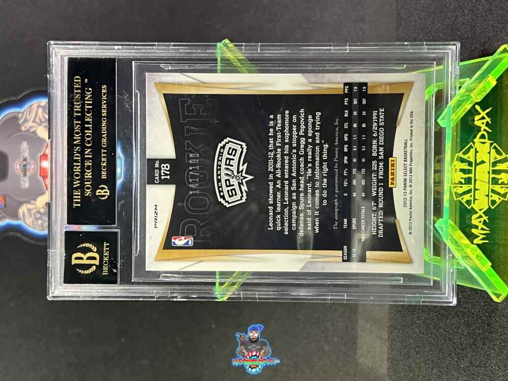 Back of 2012 Panini Select Autograph Silver Prizm Kawhi Leonard #178 /199