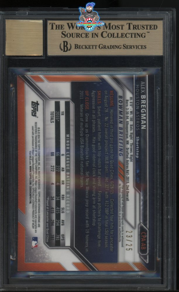 Back of 2016 Bowman Chrome Prospect Autograph Orange Refractor Alex Bregman #CPAAB /25