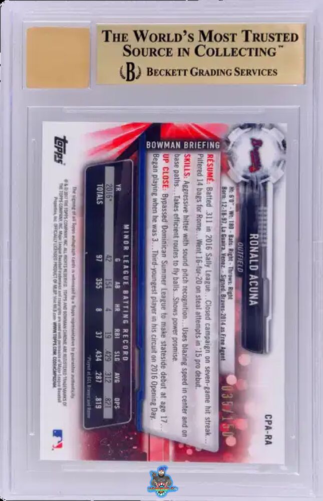 Back of 2017 Bowman Chrome Prospect Autograph Blue Refractor Ronald Acuna Jr. #CPARA /150