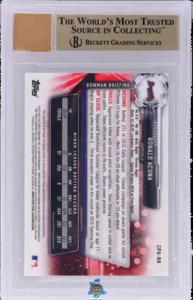 Back of 2017 Bowman Chrome Prospect Autograph Green Refractor Ronald Acuna Jr. #CPARA /99
