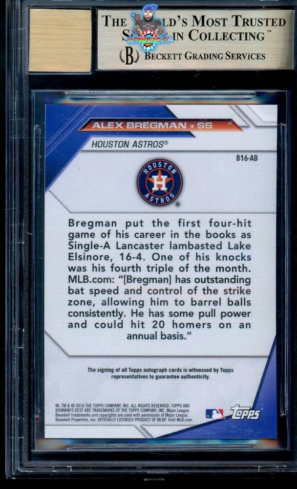 Back of 2016 Bowman's Best Best of '16 Autographs Alex Bregman #B16ABR
