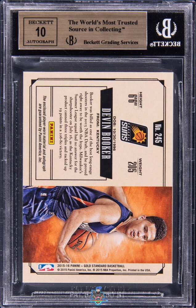 Back of 2015 Panini Gold Standard Rookie Jersey Autograph Double Prime Devin Booker #245 /25