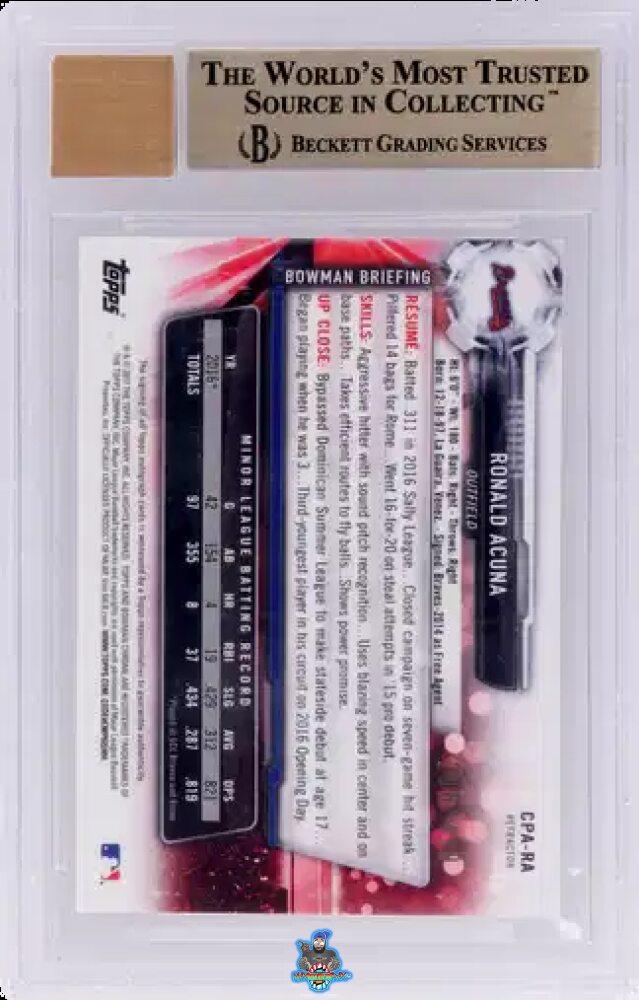 Back of 2017 Bowman Chrome Prospect Autograph Refractor Ronald Acuna Jr. #CPARA /499