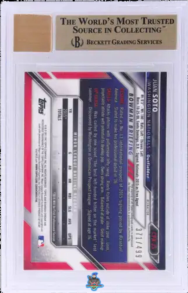 Back of 2016 Bowman Chrome Prospect Autograph Refractor Juan Soto #CPAJS /499