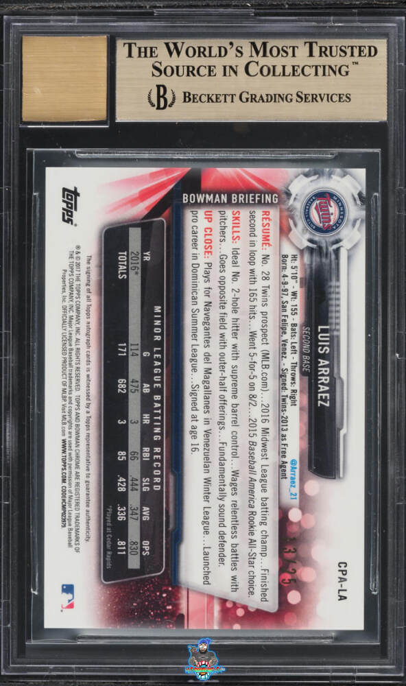 Back of 2017 Bowman Chrome Prospect Autograph Orange Refractor Luis Arraez #CPALA /25