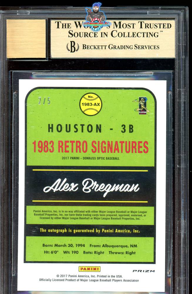 Back of 2017 Donruss Optic '83 Retro Signature Gold Prizm Alex Bregman #4 /5