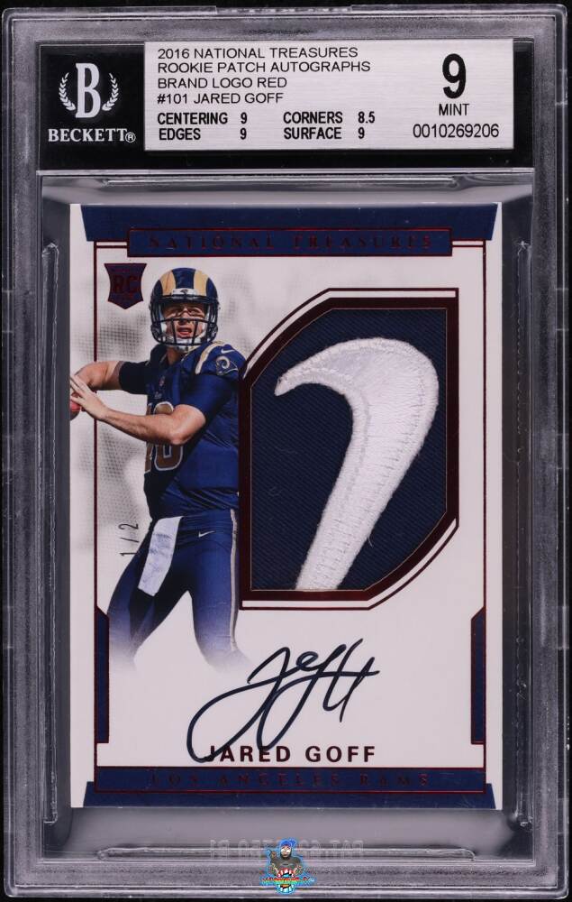 2016 National Treasures Rookie Patch Autograph Brand Logo Red Jared Goff #101 /2