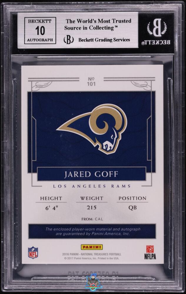 Back of 2016 National Treasures Rookie Patch Autograph Brand Logo Red Jared Goff #101 /2