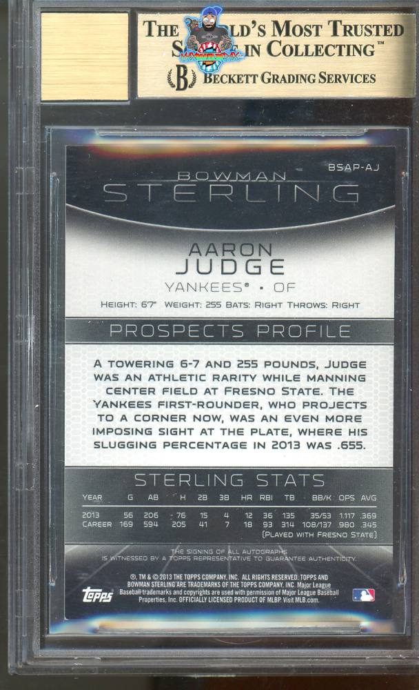 Back of 2013 Bowman Sterling Prospect Autograph Aaron Judge #BSAPAJ