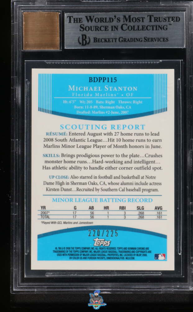 Back of 2008 Bowman Draft Chrome Prospect Autograph Xfractor Giancarlo Stanton #BDPP115 /225