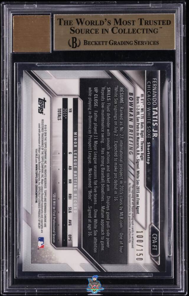Back of 2016 Bowman Chrome Prospect Autograph Blue Refractor Fernando Tatis Jr. #CPAFT /150