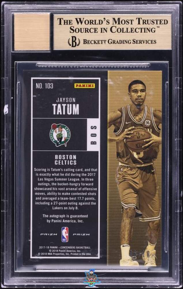 Back of 2017 Panini Contenders Rookie Ticket Vertical Autograph Gold Prizm Jayson Tatum #103A /10
