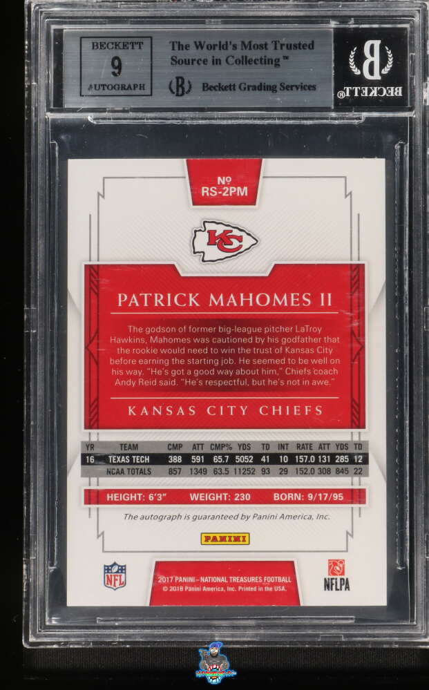 Back of 2017 National Treasures Rookie Signature Patrick Mahomes II #5 /99