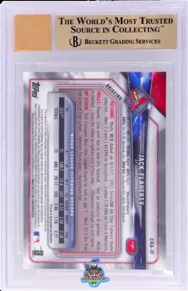 Back of 2018 Bowman Chrome Rookie Autograph Superfractor Jack Flaherty #CRAJF /1