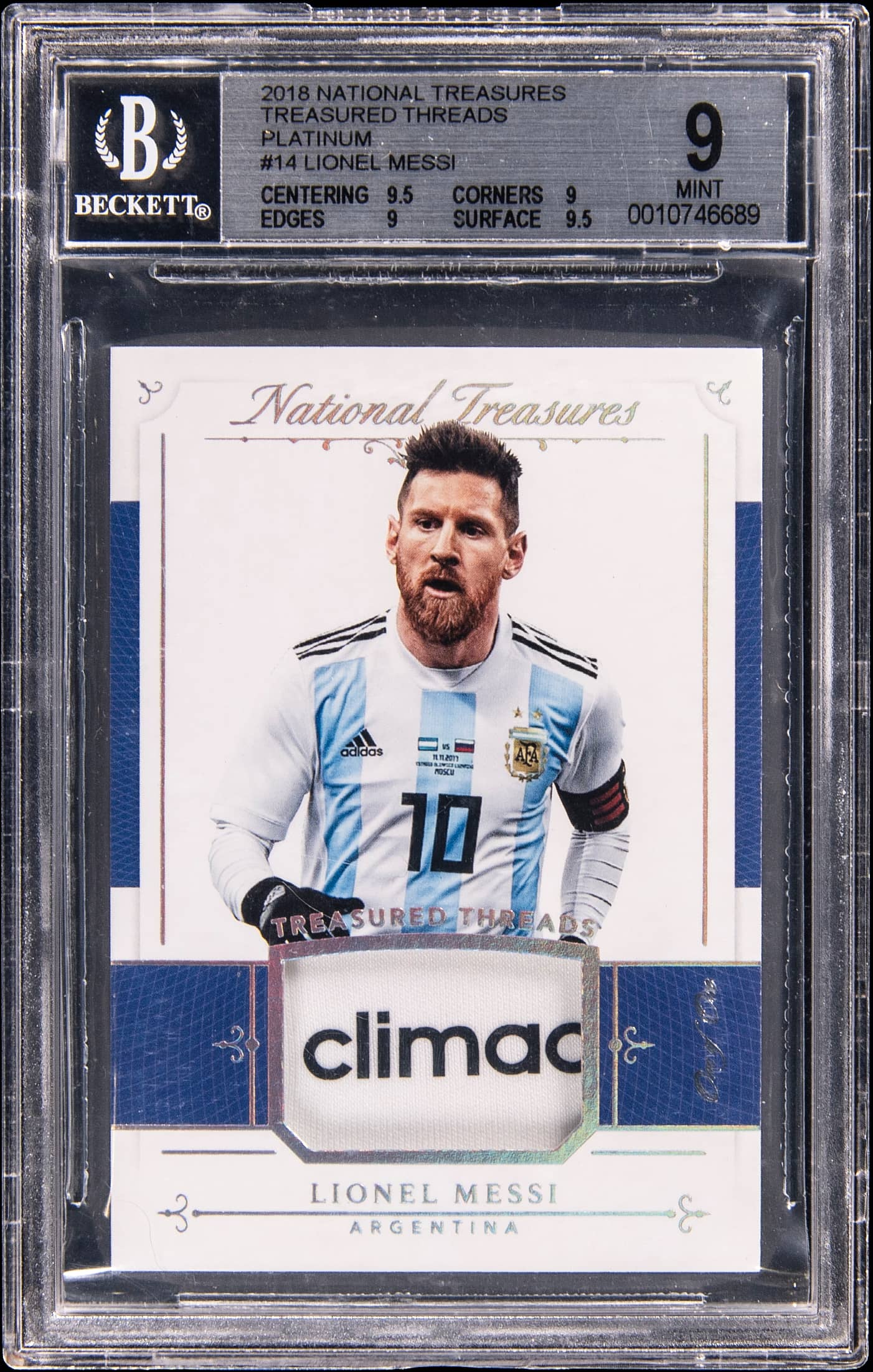 2018 National Treasures Treasured Threads Platinum Lionel Messi #14 /1