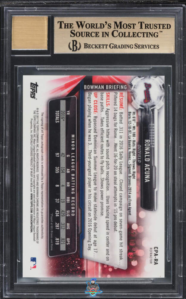 Back of 2017 Bowman Chrome Prospect Autograph Refractor Ronald Acuna Jr. #CPARA /499