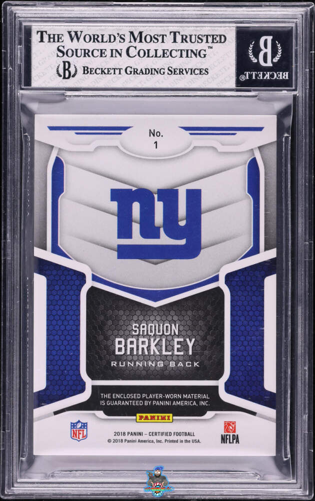 Back of 2018 Panini Certified New Generation Jersey Mirror Black Saquon Barkley #1 /1