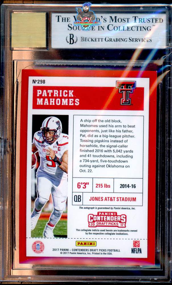 Back of 2017 Panini Contenders Draft Picks Cracked Ice Patrick Mahomes II #298 /23