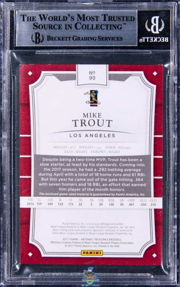 Back of 2017 National Treasures Platinum Mike Trout #90A /1