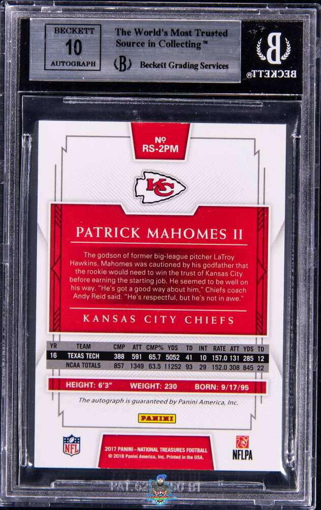 Back of 2017 National Treasures Rookie Signature Patrick Mahomes II #5 /99