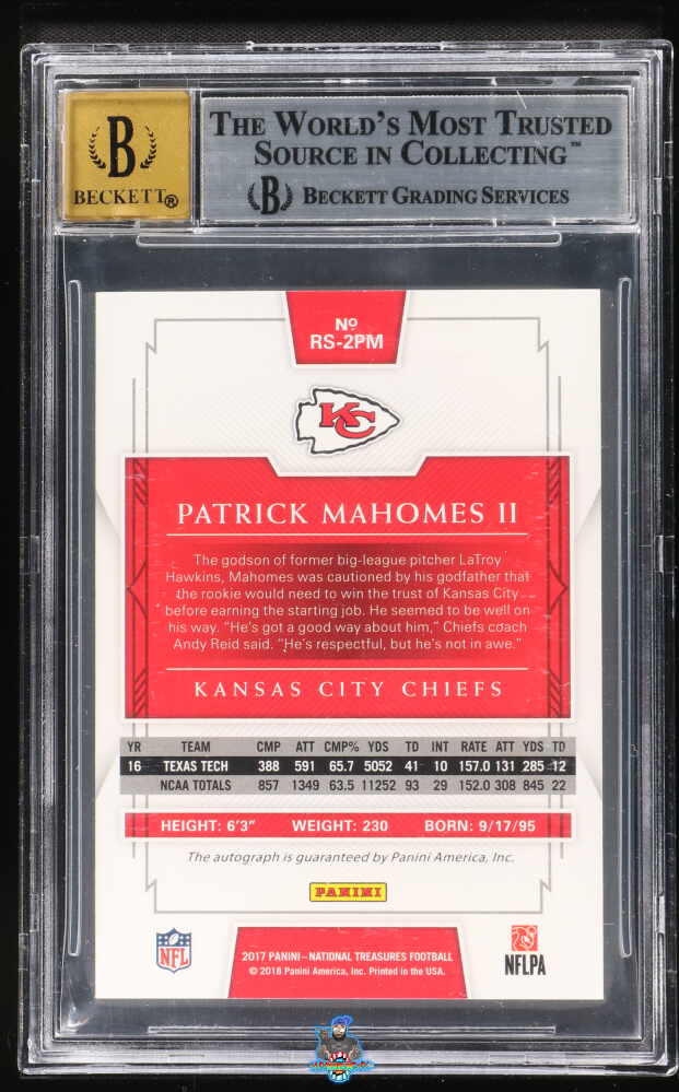 Back of 2017 National Treasures Rookie Signature Gold Patrick Mahomes II #5 /25