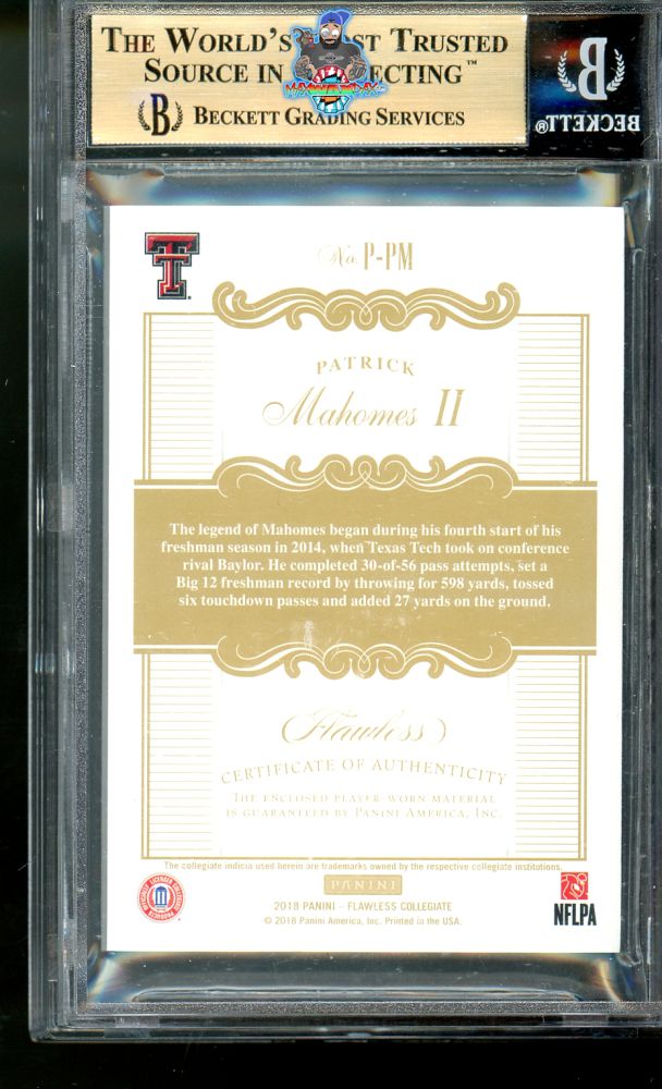 Back of 2018 Panini Flawless Collegiate Patch Black Patrick Mahomes II #27 /1