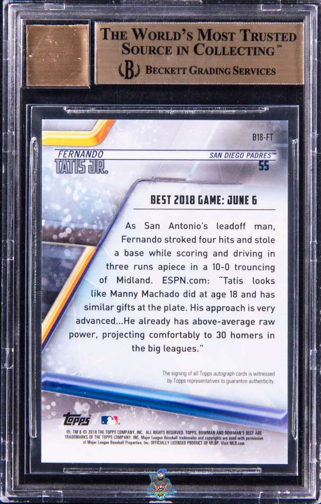 Back of 2018 Bowman's Best Best of '18 Autographs Gold Refractor Fernando Tatis Jr. #B18FT /50