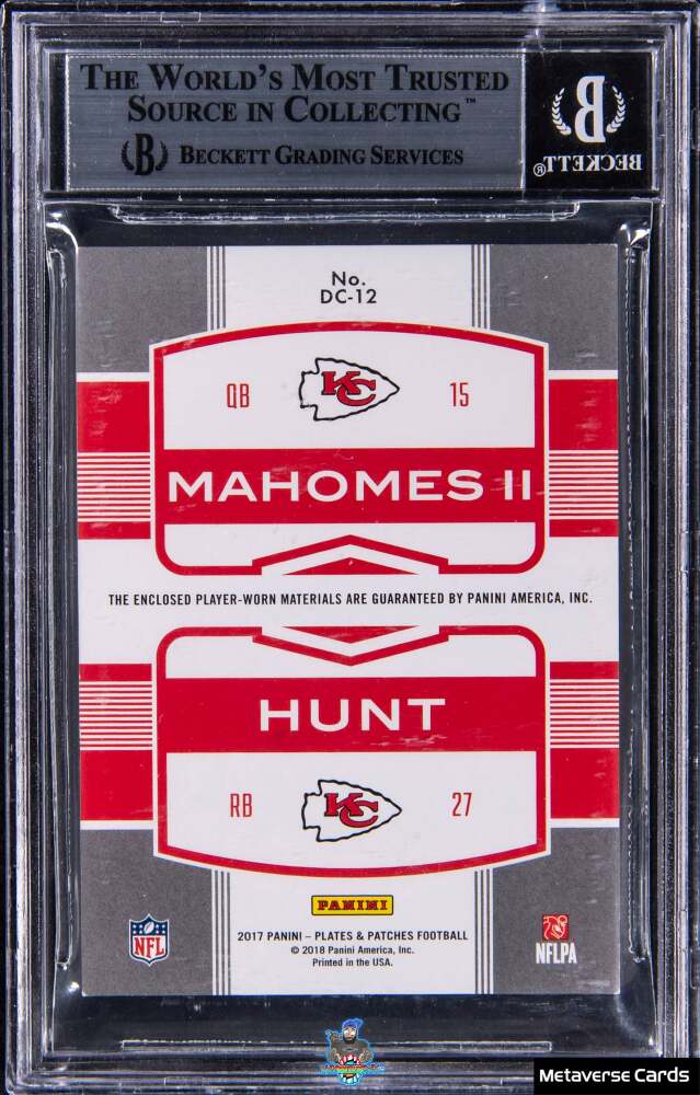 Back of 2017 Panini Plates and Patches Double Coverage Patches Gold Kareem Hunt/Patrick Mahomes II #12 /1