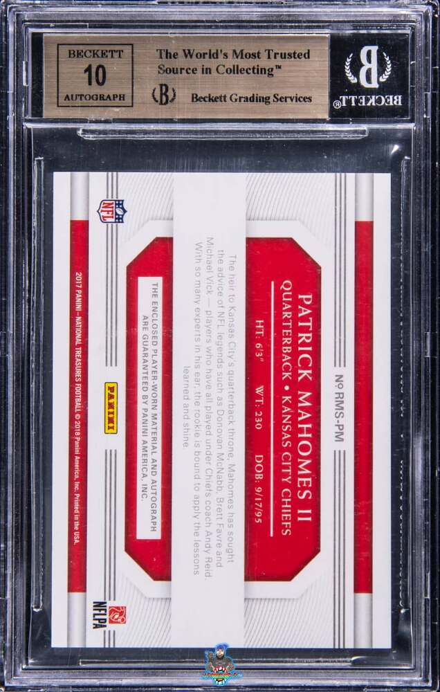 Back of 2017 National Treasures Rookie Material Signature Green Numbers Patrick Mahomes II #7 /15