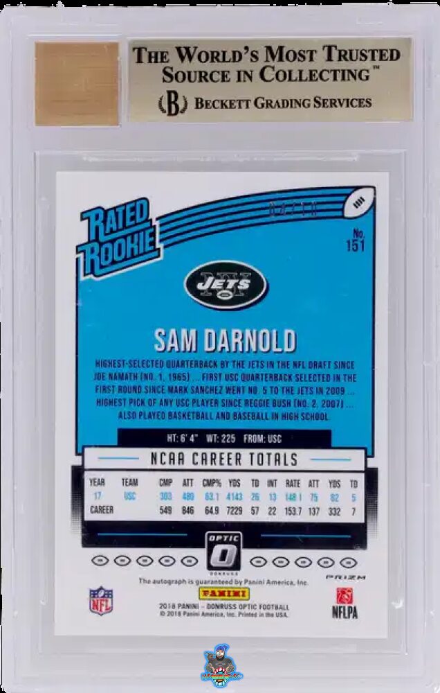Back of 2018 Donruss Optic Rated Rookie Autograph Gold Sam Darnold #151 /10