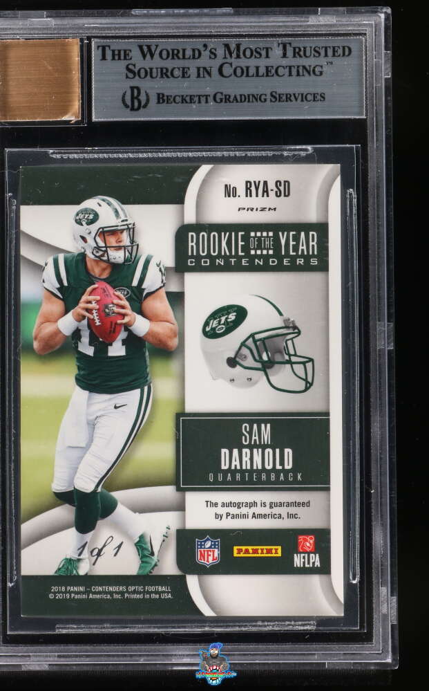 Back of 2018 Panini Contenders Optic Rookie of the Year Contenders Autographs Gold Vinyl Sam Darnold #3 /1
