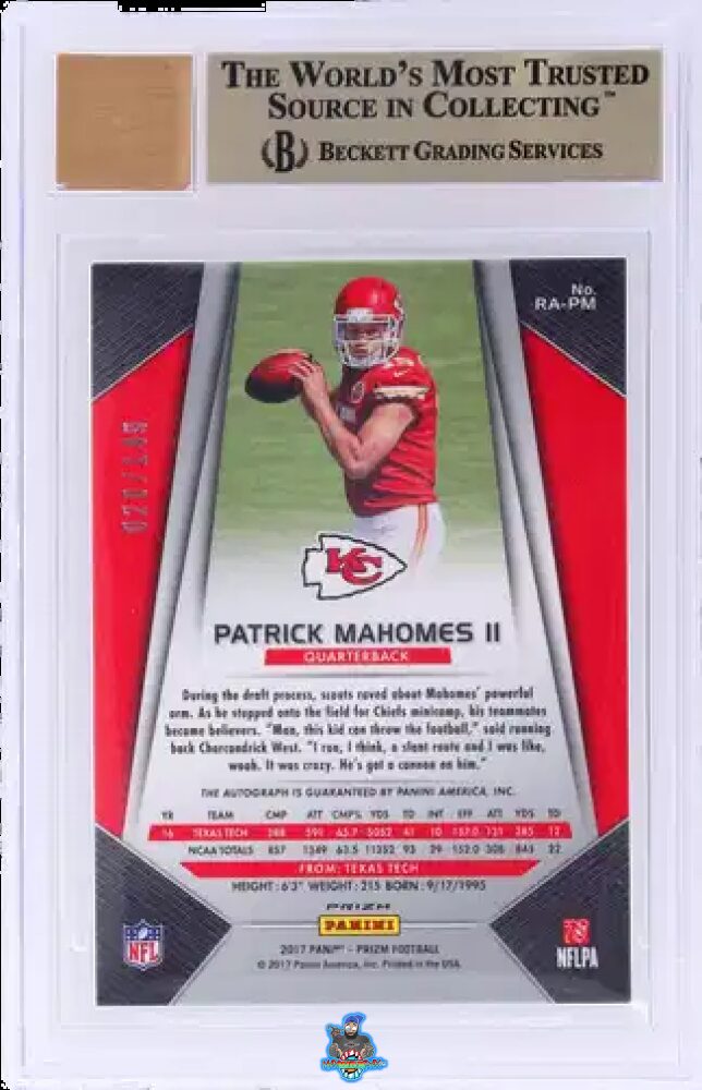 Back of 2017 Panini Prizm Rookie Autograph Blue Wave Prizm Patrick Mahomes II #RAPM /149